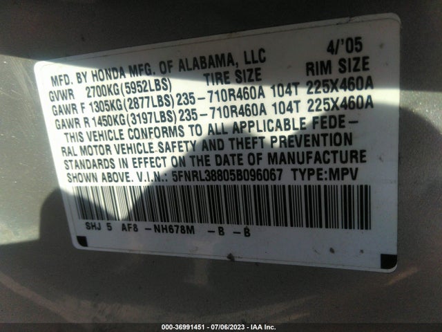 2005 HONDA ODYSSEY TOURING VIN: 5FNRL38805B096067