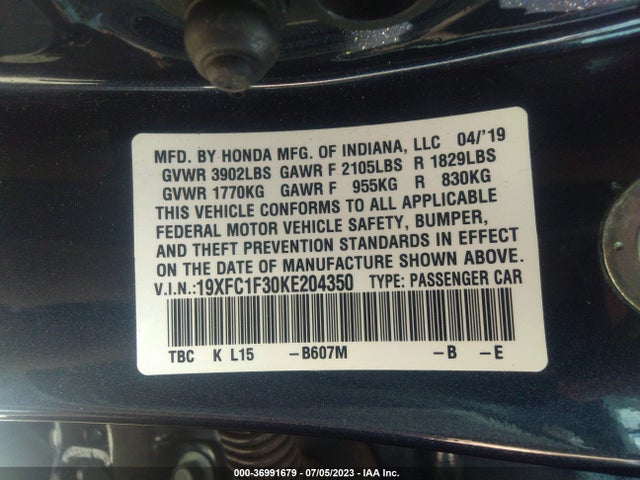 Honda Civic Sedan Ex 2019 19XFC1F30KE204350 Image 16