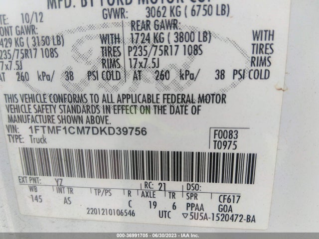 2013 FORD F-150 XL/STX/XLT VIN: 1FTMF1CM7DKD39756