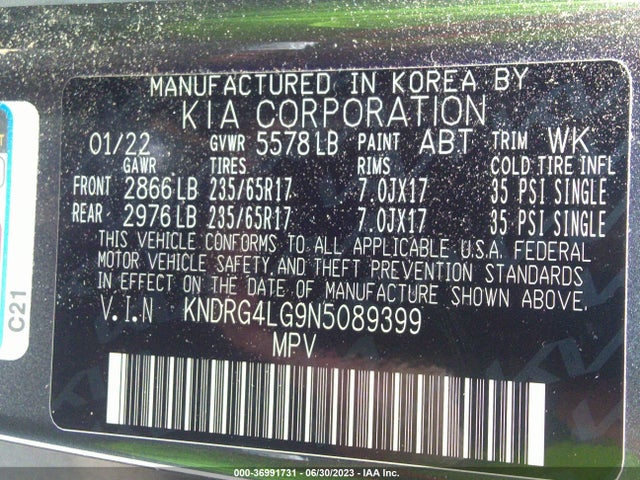 2022 KIA SORENTO HYBRID S VIN: KNDRG4LG9N5089399