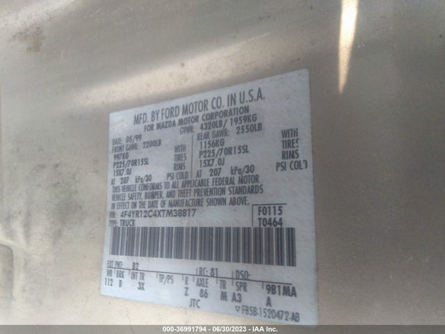 1999 MAZDA B-SERIES 2WD TRUCK SX/SE/TROY LEE VIN: 4F4YR12C4XTM38817