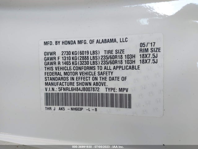 Honda Odyssey Touring 2018 5FNRL6H84JB007872 Image 15