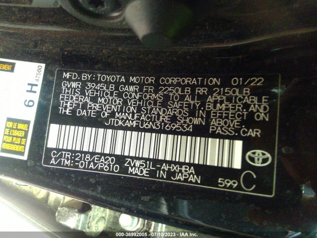 2022 TOYOTA PRIUS NIGHTSHADE EDITION VIN: JTDKAMFU6N3169534