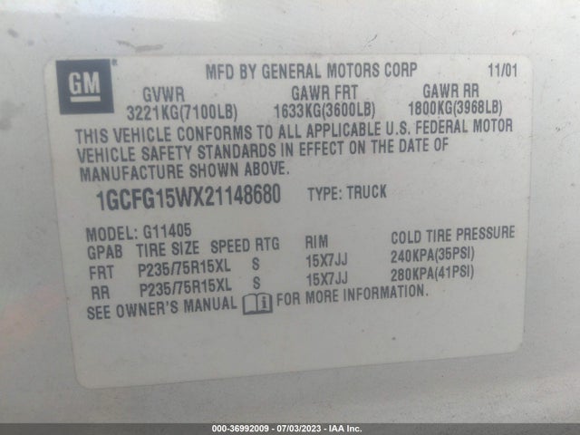 2002 CHEVROLET EXPRESS CARGO VAN VIN: 1GCFG15WX21148680