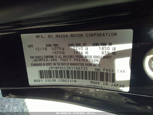 2019 MAZDA MAZDA3 SEDAN W/SELECT PKG VIN: JM1BPACL5K1106733