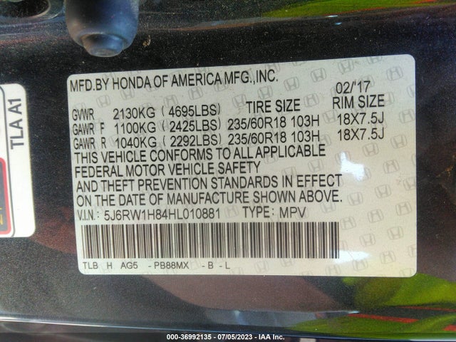 Honda Cr-v Ex-l 2017 5J6RW1H84HL010881 Image 9