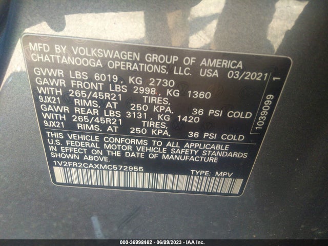 1V2FR2CAXMC572955 Volkswagen Atlas 3.6l V6 Sel Premium