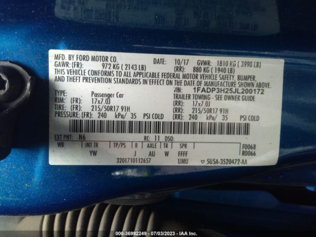 1FADP3H25JL200172 Ford FOCUS SEL