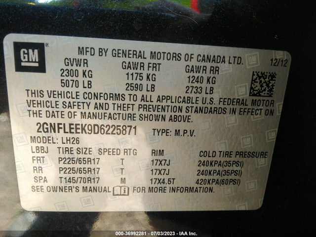 2013 CHEVROLET EQUINOX LT VIN: 2GNFLEEK9D6225871