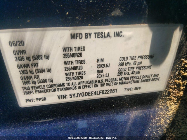 2020 TESLA MODEL Y LONG RANGE VIN: 5YJYGDEE4LF022261