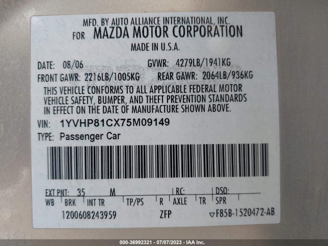 2007 MAZDA MAZDA6 I GRAND TOURING VIN: 1YVHP81CX75M09149