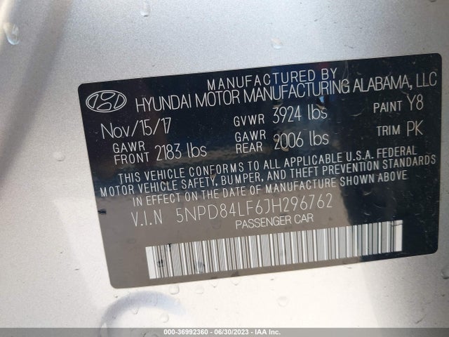 2018 HYUNDAI ELANTRA SEL VIN: 5NPD84LF6JH296762