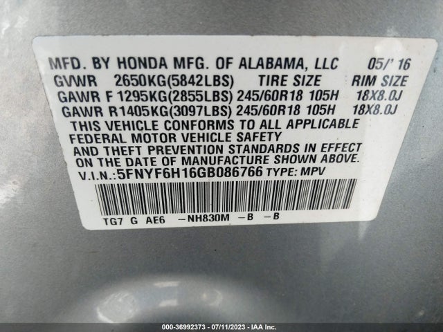 Honda PILOT LX 2016 5FNYF6H16GB086766 Image 9