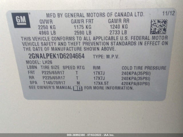 2013 CHEVROLET EQUINOX LT VIN: 2GNALPEK1D6204664