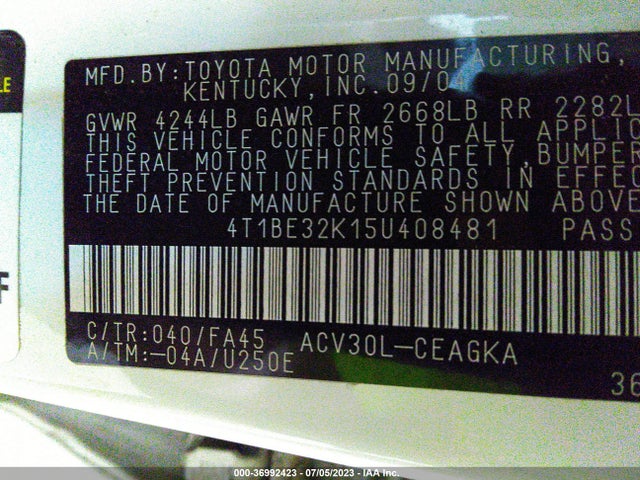 2005 TOYOTA CAMRY STD/LE/SE/XLE VIN: 4T1BE32K15U408481