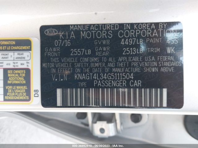 KNAGT4L34G5111504 KIA Optima Lx