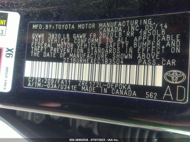 Toyota Corolla L/le/s/s Plus/le Plus 2014 2T1BURHEXEC183504 Image 9