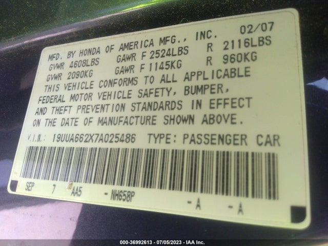 2007 ACURA TL VIN: 19UUA662X7A025486