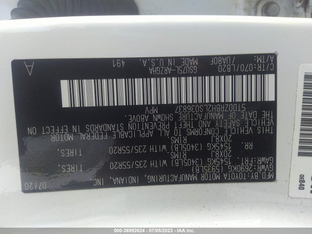 2020 TOYOTA HIGHLANDER LIMITED/PLATINUM VIN: 5TDDZRBH2LS036837