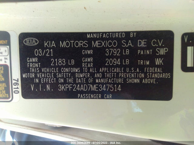 2021 KIA FORTE LXS VIN: 3KPF24AD7ME347514