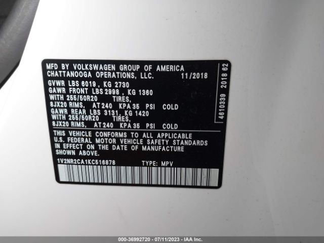 1V2NR2CA1KC516878 Volkswagen Atlas 3.6l V6 Sel Premium
