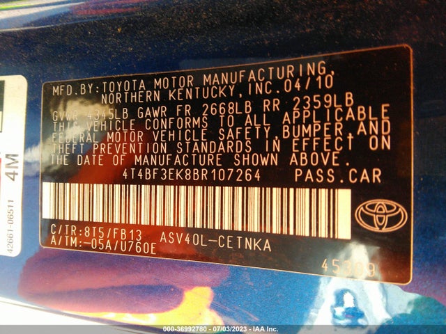 Продажа на аукционе авто 2011 Toyota Camry, vin: 4T4BF3EK8BR107264, номер лота: 36992780