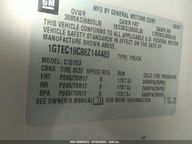 2008 GMC SIERRA 1500 SLE1 VIN: 1GTEC19C88Z144483