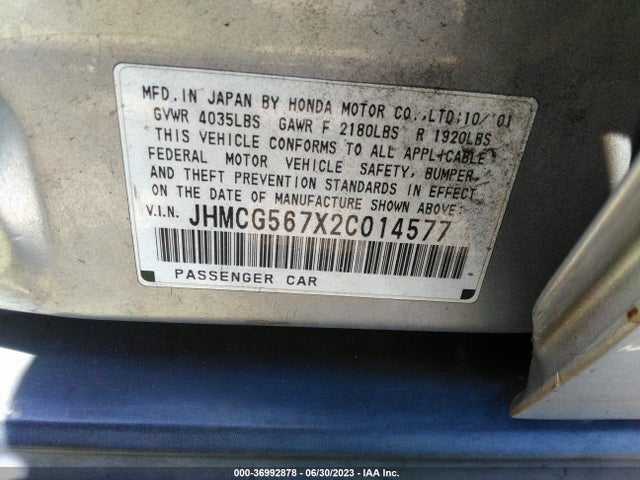 2002 HONDA ACCORD SDN SE VIN: JHMCG567X2C014577