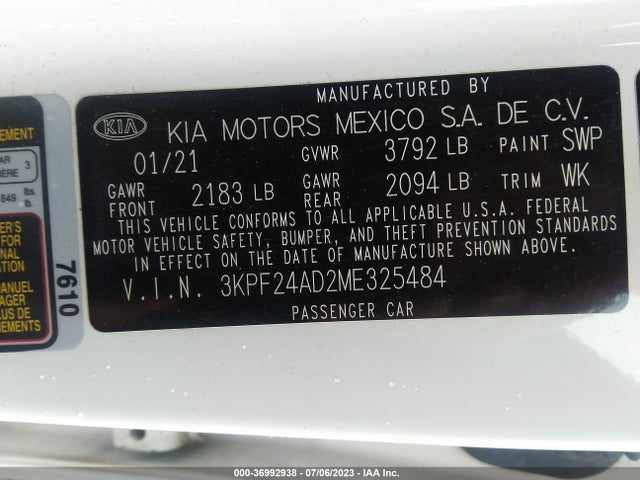 2021 KIA FORTE LXS VIN: 3KPF24AD2ME325484