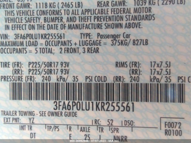3FA6P0LU1KR255561 Ford Fusion Hybrid Se