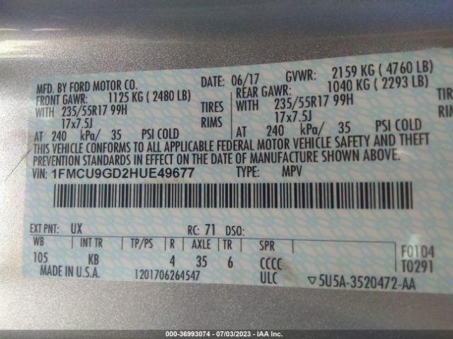 1FMCU9GD2HUE49677 Ford ESCAPE SE
