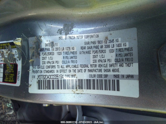 2012 MAZDA CX-9 GRAND TOURING VIN: JM3TB2DA0C0335194
