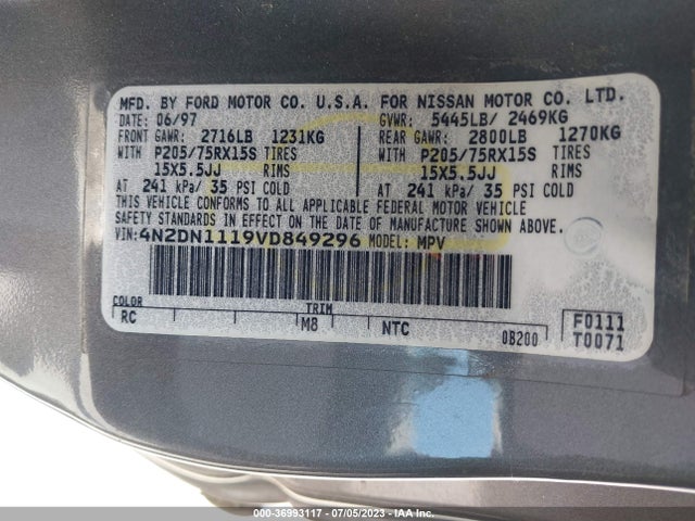 1997 NISSAN QUEST XE/GXE VIN: 4N2DN1119VD849296