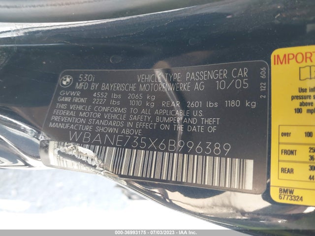 2006 BMW 5 SERIES 530I VIN: WBANE735X6B996389