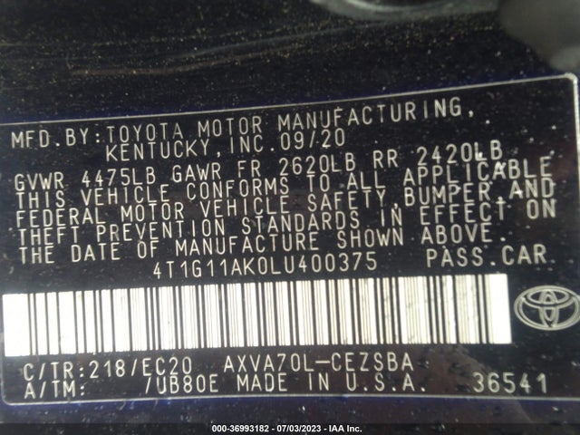 2020 TOYOTA CAMRY SE VIN: 4T1G11AK0LU400375