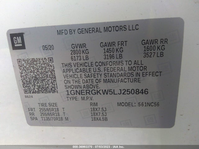 Chevrolet Traverse Lt Cloth 2020 1GNERGKW5LJ250846 Image 15