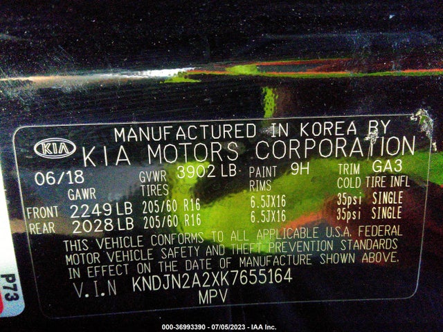 2019 Kia Soul Base მანქანა იყიდება აუქციონზე, vin: KNDJN2A2XK7655164, აუქციონის ნომერი: 36993390