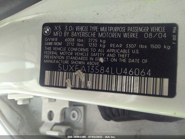 2004 BMW X5 3.0I VIN: 5UXFA13584LU46064