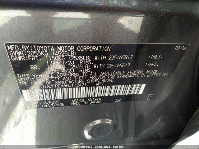 2017 TOYOTA RAV4 LE VIN: JTMZFREV6HJ112421