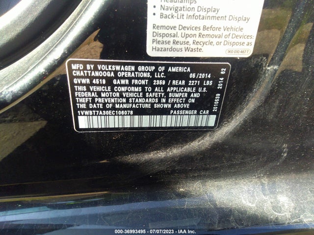 1VWBT7A30EC106078 Volkswagen Passat Se W/sunroof & Nav