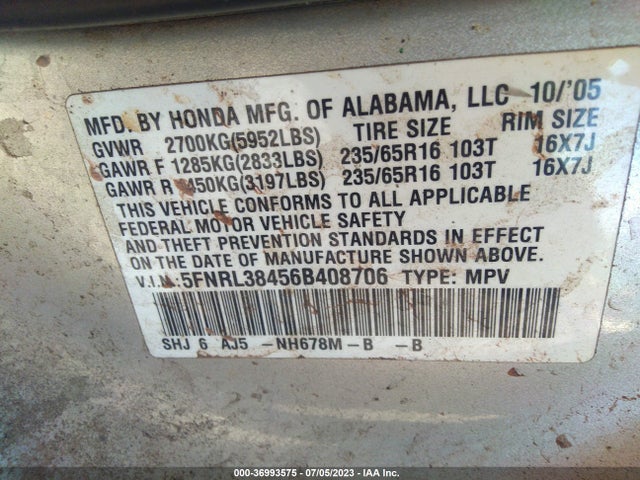 2006 HONDA ODYSSEY EX VIN: 5FNRL38456B408706