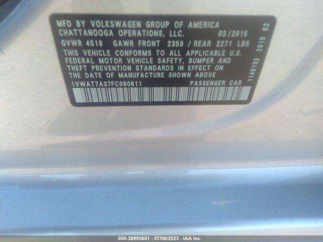 1VWAT7A37FC080611 Volkswagen Passat 1.8t Wolfsburg Ed