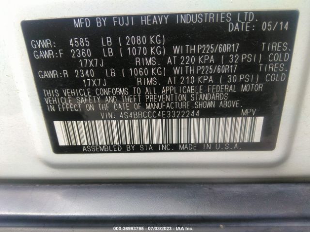 4S4BRCCC4E3322244 Subaru Outback 2.5i Premium