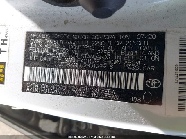 2021 TOYOTA PRIUS L VIN: JTDKAMFU2M3129918