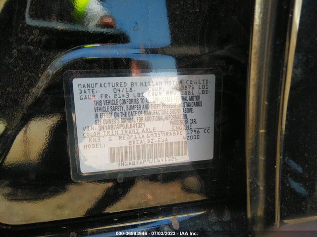 2018 NISSAN SENTRA SV VIN: 3N1AB7AP9JL641321