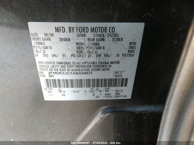 2010 FORD EDGE SEL VIN: 2FMDK3JCXABA44637