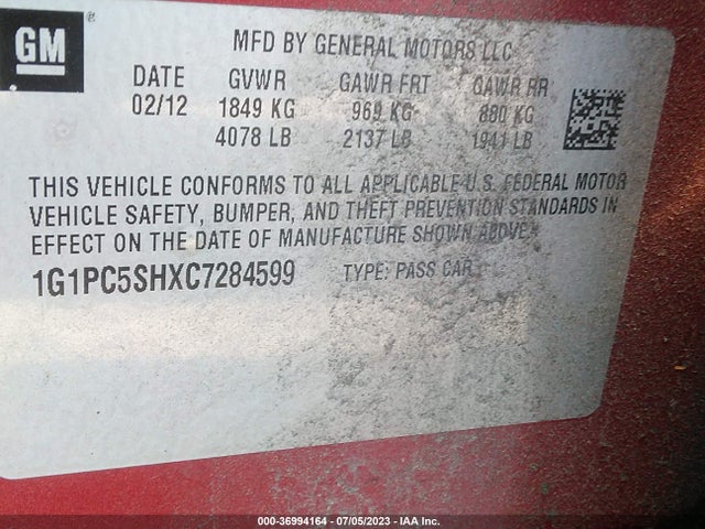 2012 CHEVROLET CRUZE LS VIN: 1G1PC5SHXC7284599