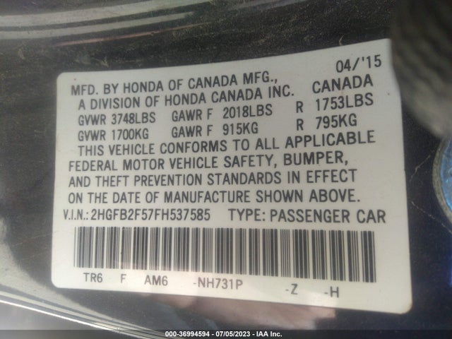Honda Civic Sedan Lx 2015 2HGFB2F57FH537585 Image 9
