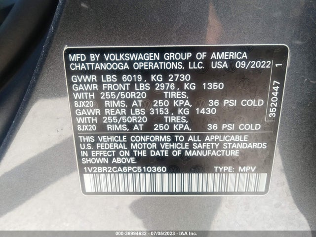1V2BR2CA6PC510360 Volkswagen Atlas 3.6l V6 Sel