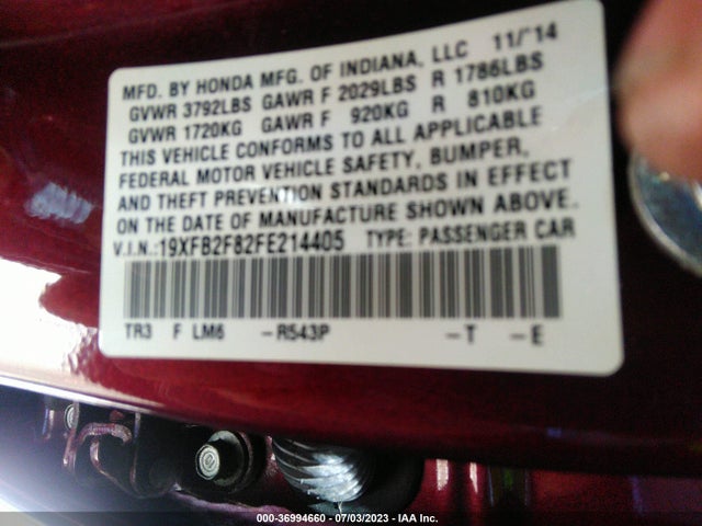 Honda Civic Sedan Ex 2015 19XFB2F82FE214405 Image 9